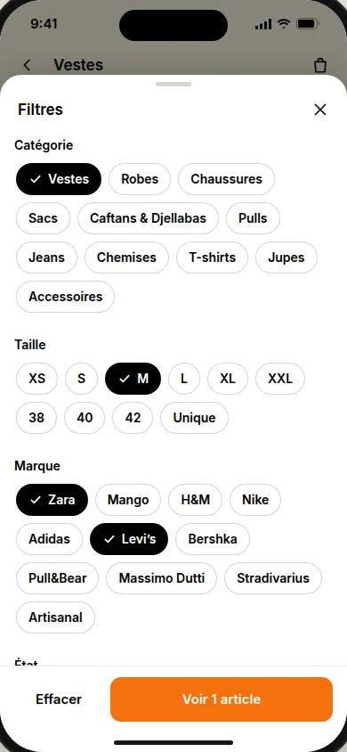 Filtres de recherche : catégorie Vestes, taille M, marques Zara et Levi’s, état et ville, avec le bouton Voir les articles.